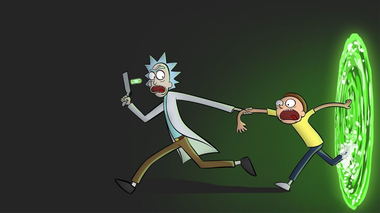 Rick and Morty running through a green portal
