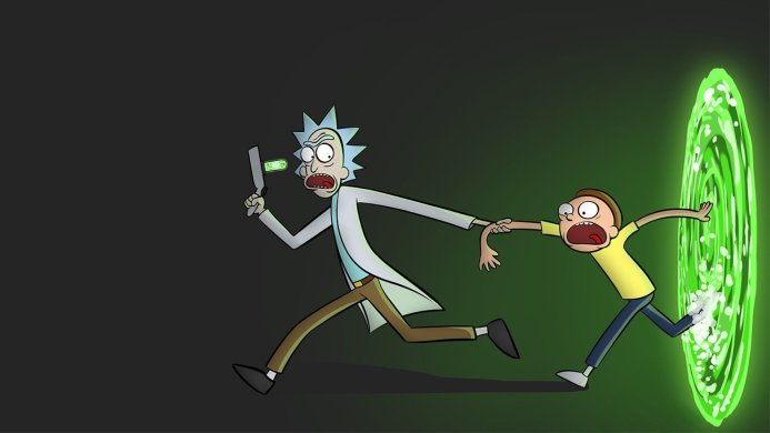 Rick and Morty running through a green portal