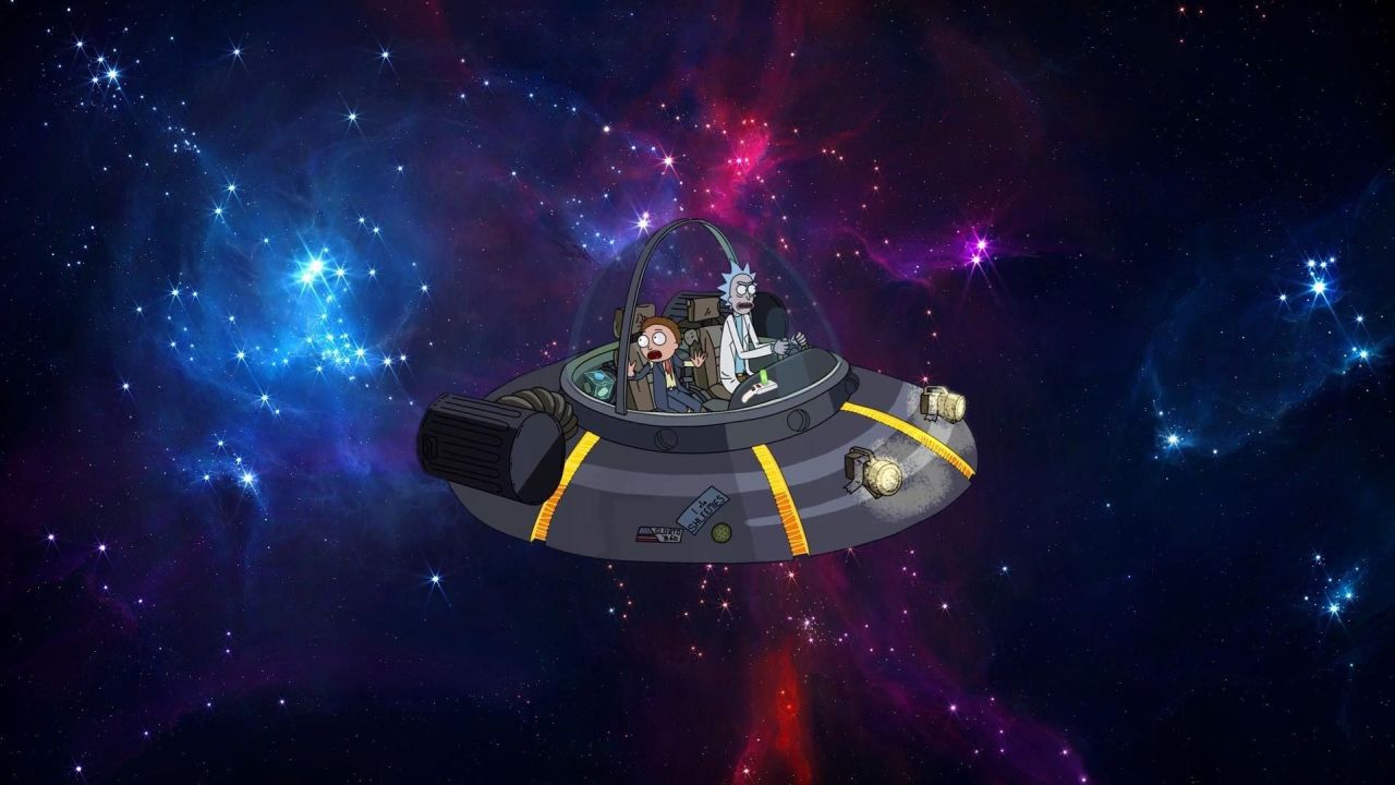Rick and Morty in spaceship galaxy background