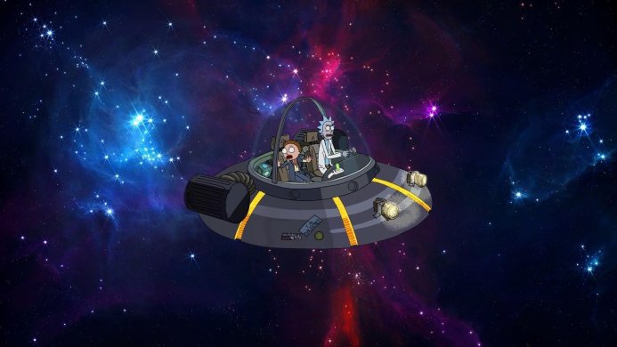 Rick and Morty in their spaceship flying through a colorful nebula
