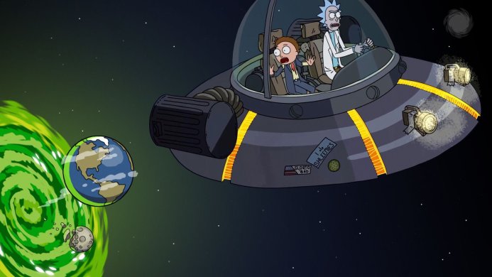 Rick and Morty in their spaceship flying through space, near a portal