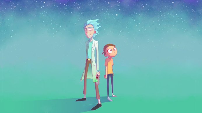 Rick and Morty standing in front of a starry sky