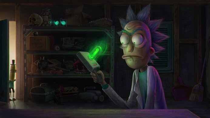 Rick Sanchez from Rick and Morty holding a portal gun in his garage with Mr. Poopybutthole in the background