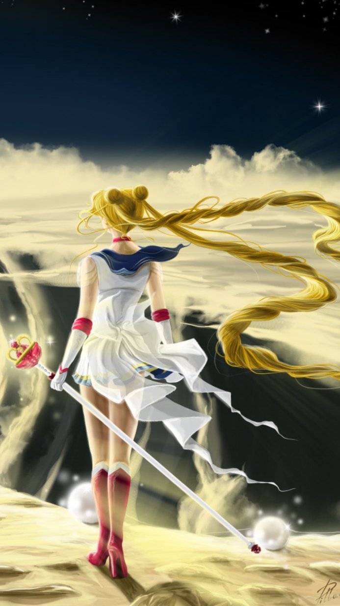 Sailor Moon standing with her wand against a cloudy, starry sky
