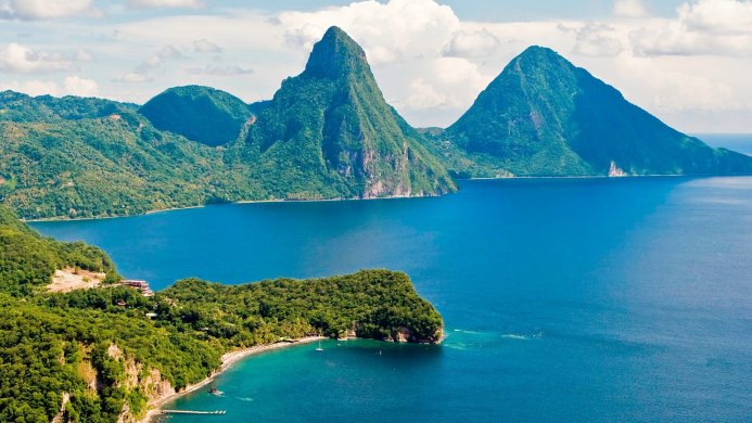 Aerial view of the Pitons mountains and coastline in Saint Lucia