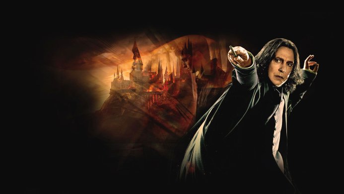 Severus Snape, a character from Harry Potter, in a dark robe against the backdrop of burning Hogwarts
