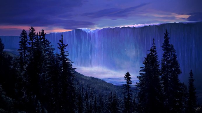 A blue tinted landscape of snow covered cliffs and forests under a dark cloudy sky