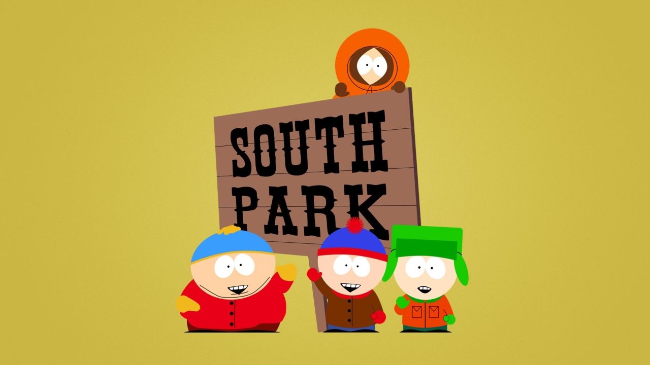 South Park characters near a sign