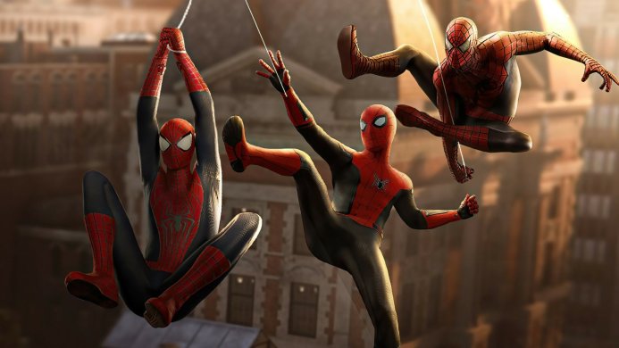 Three Spider-Man figures in different poses against a blurred cityscape backdrop