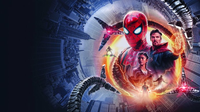 Spider-Man, Doctor Strange, and MJ in Spider-Man: No Way Home with Doc Ock tentacles and cityscape