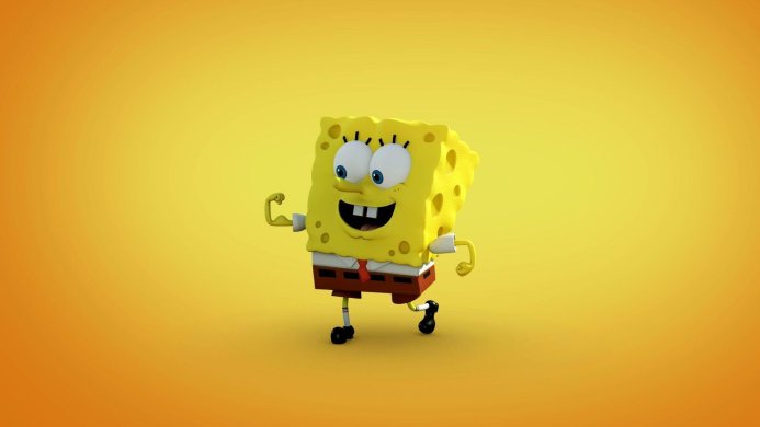 SpongeBob SquarePants walking on a yellow background