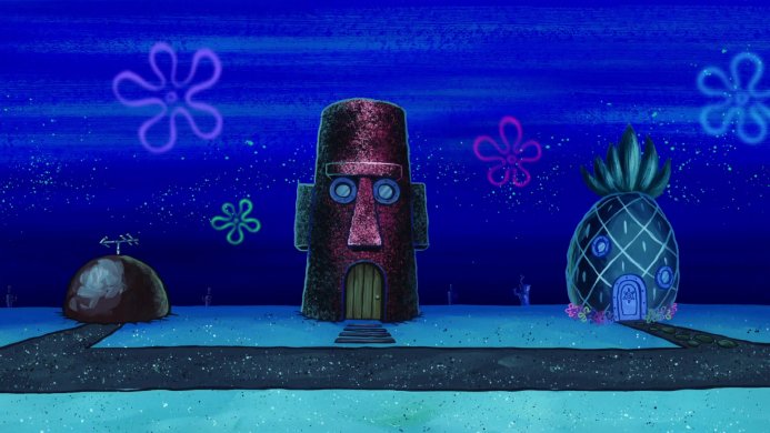 Patrick's rock, Squidward's house, and Spongebob's pineapple home in Bikini Bottom