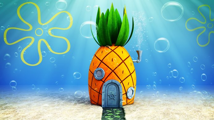 Pineapple house from Spongebob Squarepants under the sea with bubbles and a sandy floor