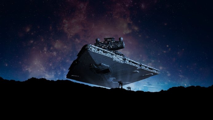 A Star Destroyer hovering over a landscape with AT-AT walkers, Star Wars