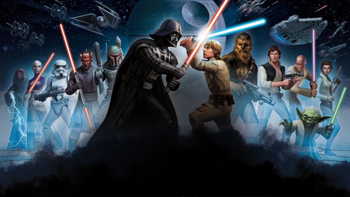 Star Wars characters including Darth Vader, Luke Skywalker, and others facing off with lightsabers in space