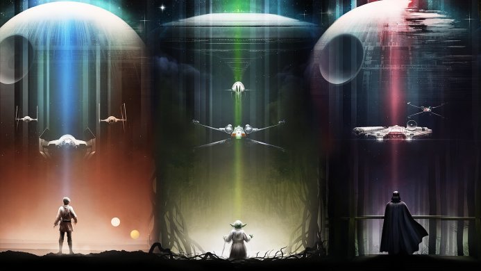 Star Wars collage featuring Luke, Yoda, Darth Vader, and various spacecrafts