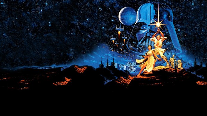 Star Wars: A New Hope movie poster featuring Luke, Leia, Vader, and droids