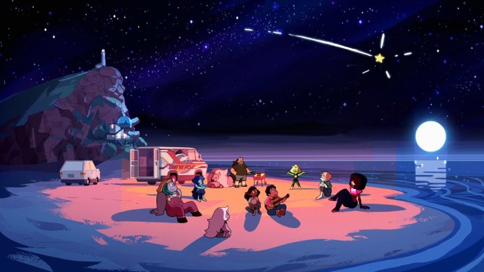 Characters from Steven Universe on the beach at night under a shooting star