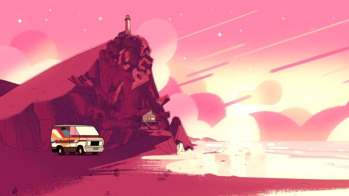 A van parked on a beach near a giant statue in the cartoon Steven Universe