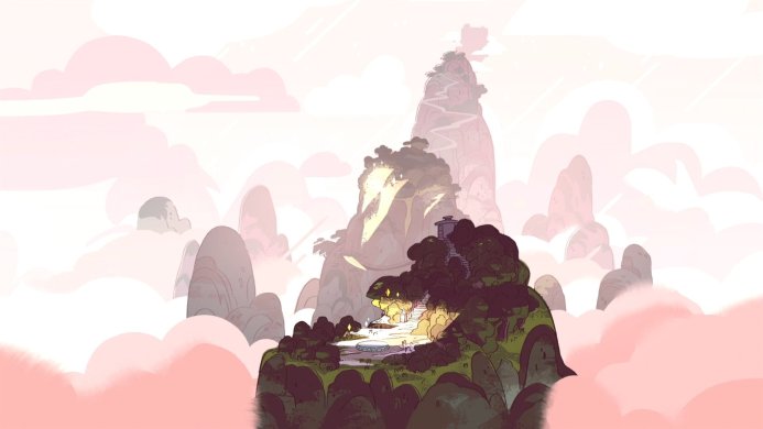 Floating islands surrounded by pink clouds from Steven Universe