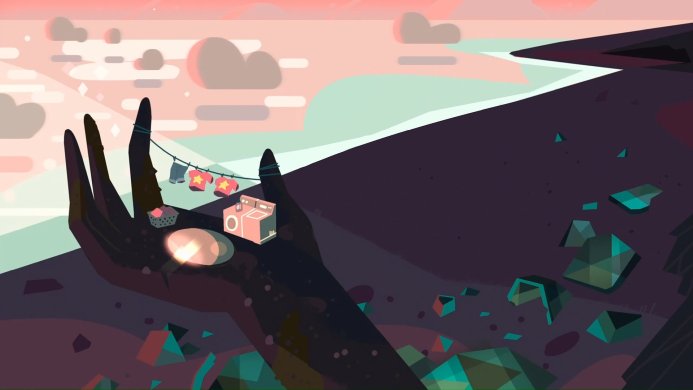 A giant hand holds a washing machine and clothesline against a pastel sky, inspired by Steven Universe