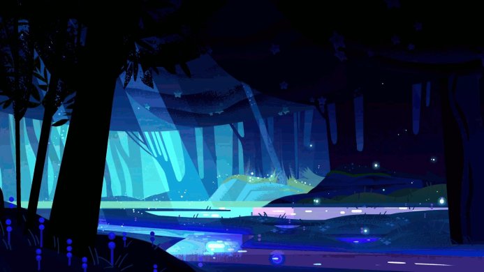 Night forest landscape with water and stars from Steven Universe