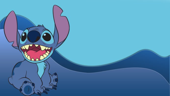 Cartoon of Stitch sitting, smiling on a blue background