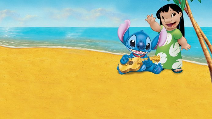 Stitch and Lilo on a beach, Stitch playing a ukulele, Lilo waving her hand