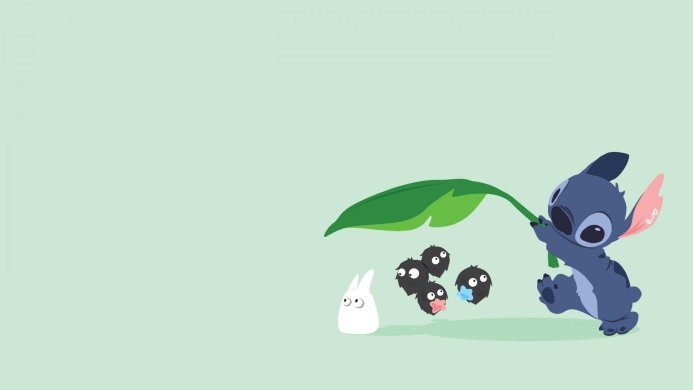 Stitch holding a leaf over Soot Sprites and Totoro on a light green background
