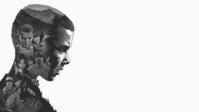 Stranger Things characters arranged in a silhouette on a white background