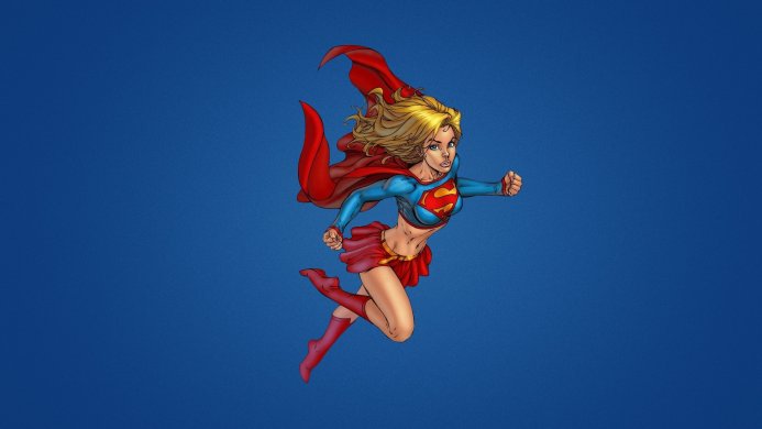 Supergirl flying in her classic costume on a blue background
