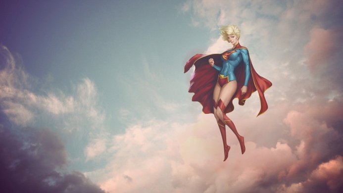 Supergirl flying through clouds, wearing her iconic blue and red suit