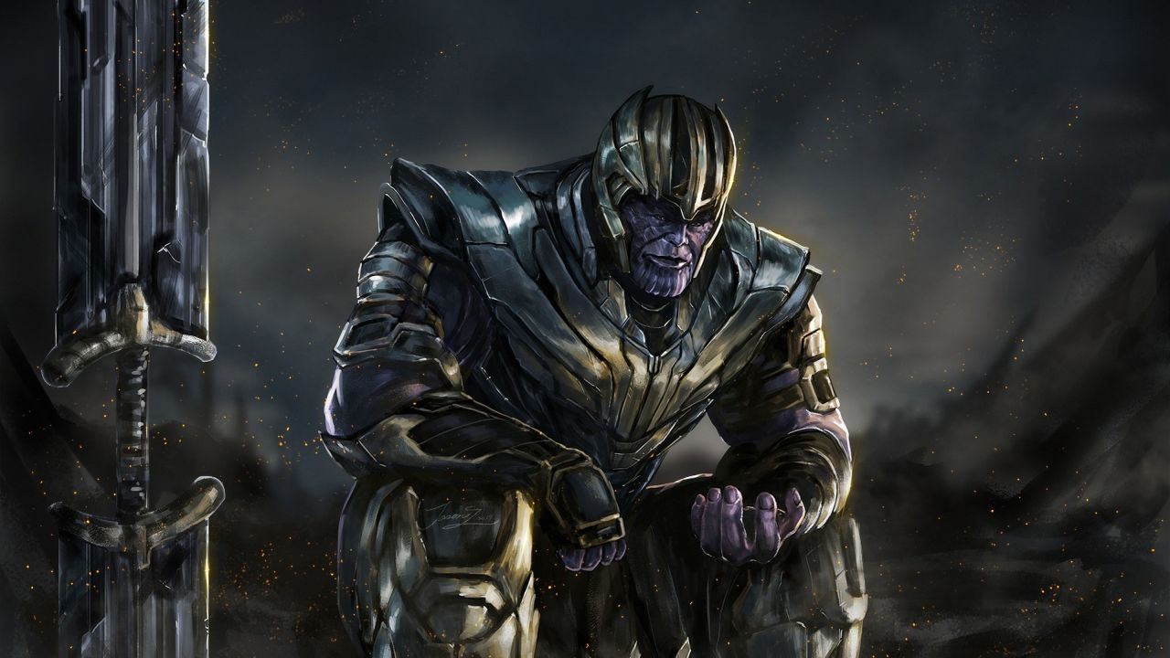 Thanos is sitting near his big sword