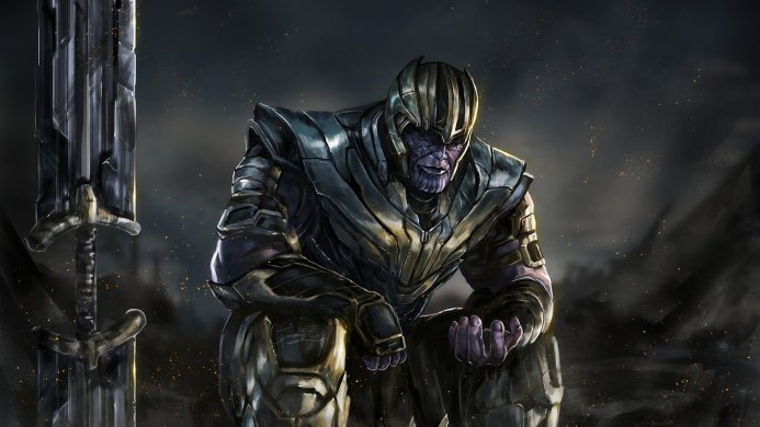 Thanos, the villain from Avengers, sitting with a large sword next to him