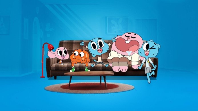 The Watterson family from The Amazing World of Gumball sitting on a couch in a blue room
