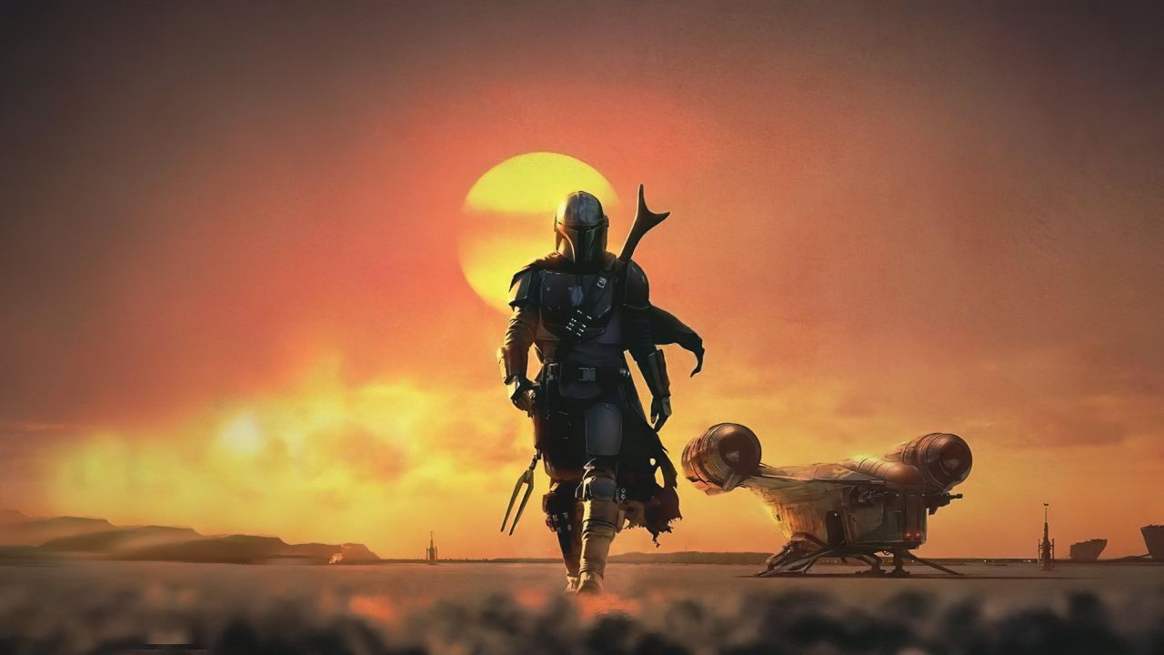 The Mandalorian walking on a desert planet