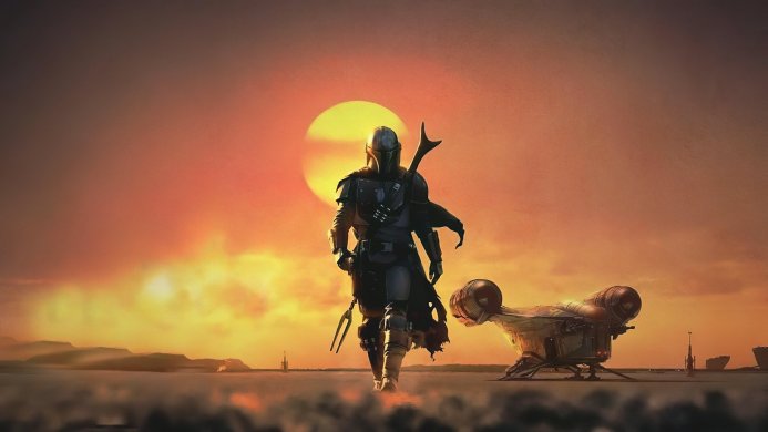 The Mandalorian walking on a desert planet with the Razor Crest in the background