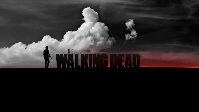 The Walking Dead image with silhouette of a man and title text, clouds in the background