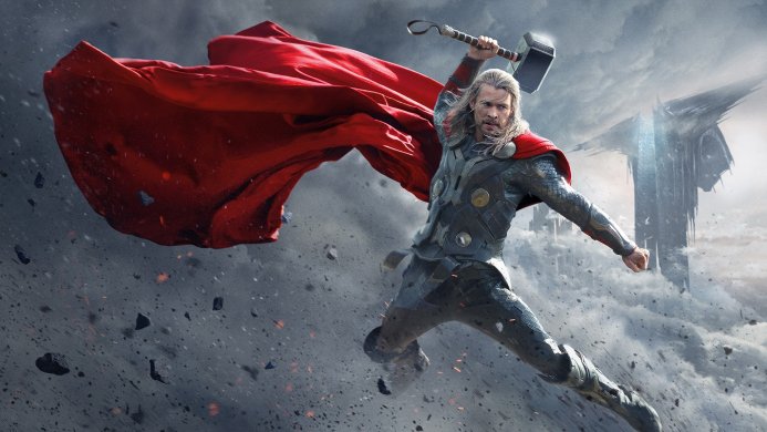 Thor with Mjolnir and red cape in the air