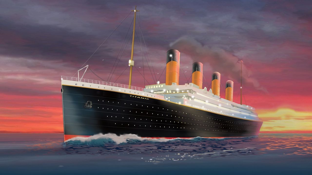 Titanic ship at sea during sunset