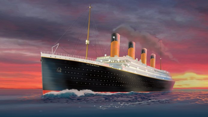 The ship Titanic sailing on the ocean against a colorful sunset sky