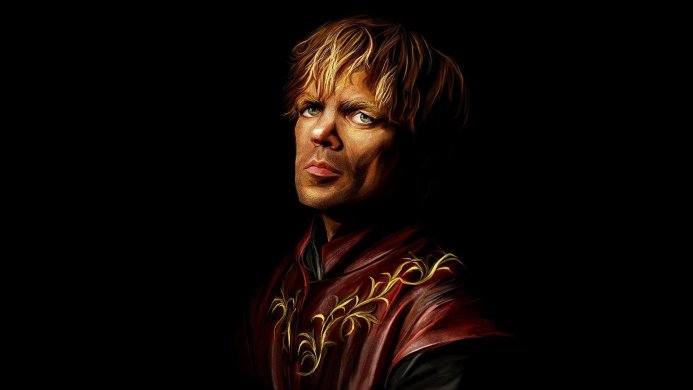 Tyrion Lannister from Game of Thrones in red and gold attire on a black background