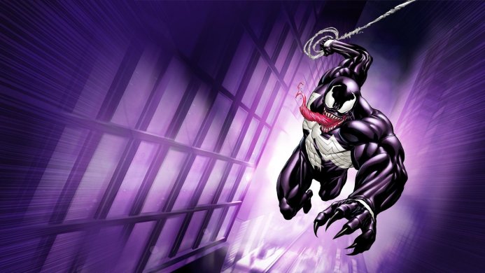 Venom, a character from Marvel Comics, swinging on a web with a purple background