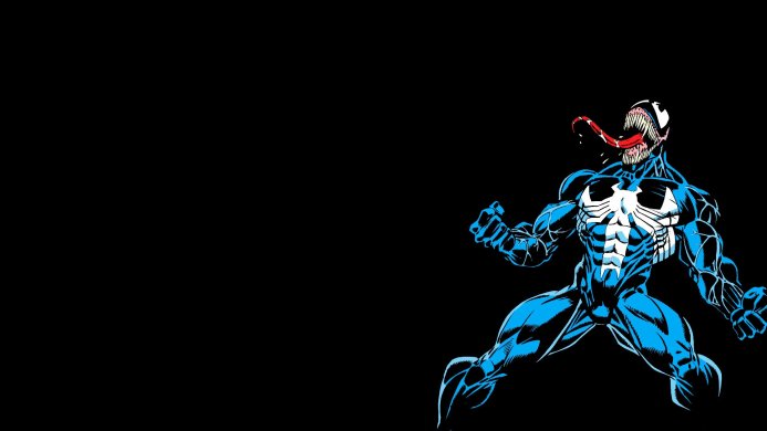 Venom, a Marvel Comics character, with blue and black body, white spider symbol, and red tongue