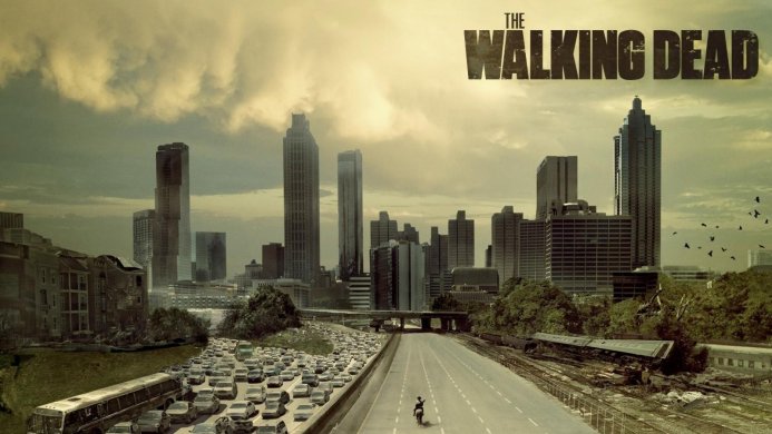 Cityscape from The Walking Dead with a long line of cars and a person on horseback