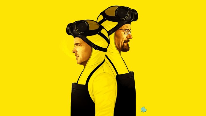 Walter White and Jesse Pinkman in yellow hazmat suits from Breaking Bad