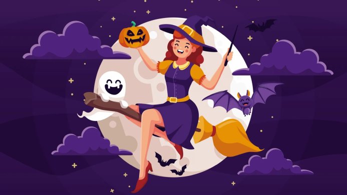 A witch flying on a broom with a pumpkin and bats against a full moon backdrop