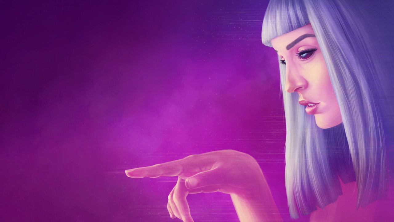 Woman pointing against purple background