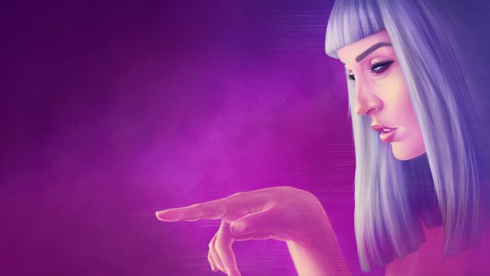 Close-up of a woman's face and hand in a purple and lilac futuristic illustration