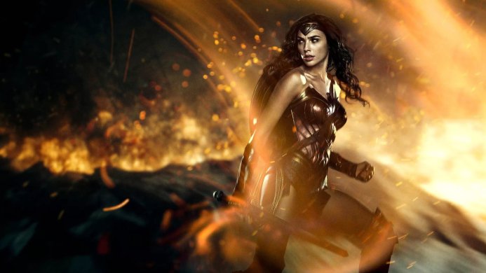 Wonder Woman in armor, surrounded by fire and sparks